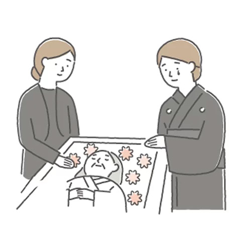 メモリーが大仙市・秋田市で一日家族葬の棺を囲んで見送る家族の様子のイラスト